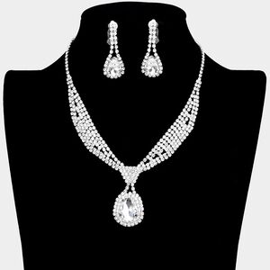 Silver Teardrop Rhinestone Crystal Necklace Set Earrings Formal Bling Jewelry